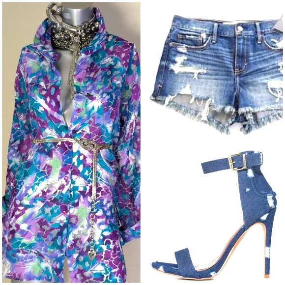 BON WORTH Vibrant BurnOut LagenLook Semi Sheer Abstract Artzy 3/4 Sleeves Shirt - Picture 1 of 14